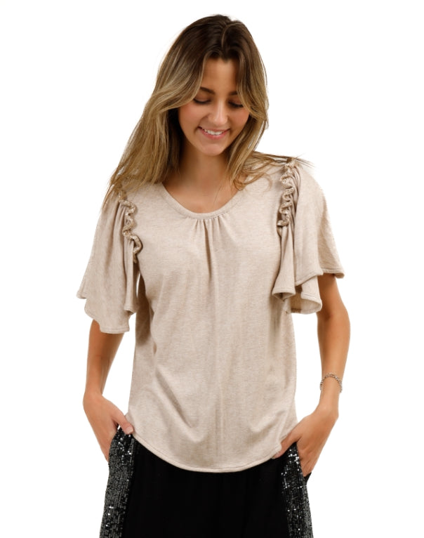 KNIT RUFFLE SLEEVE TOP