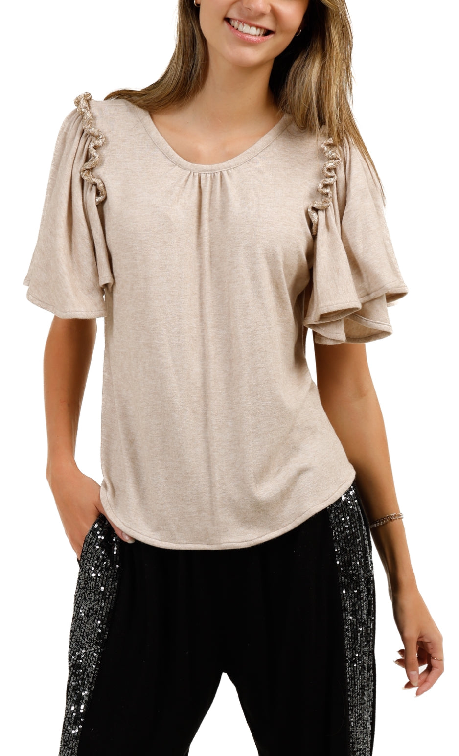 KNIT RUFFLE SLEEVE TOP