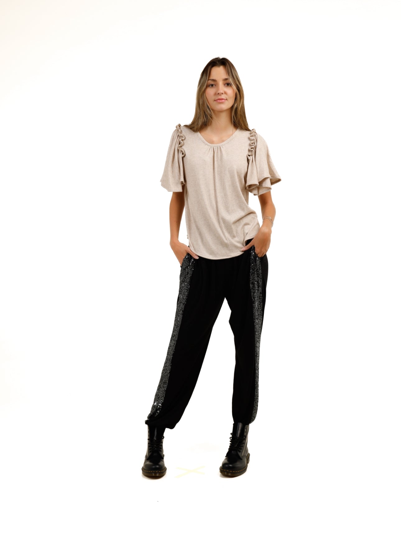 KNIT RUFFLE SLEEVE TOP