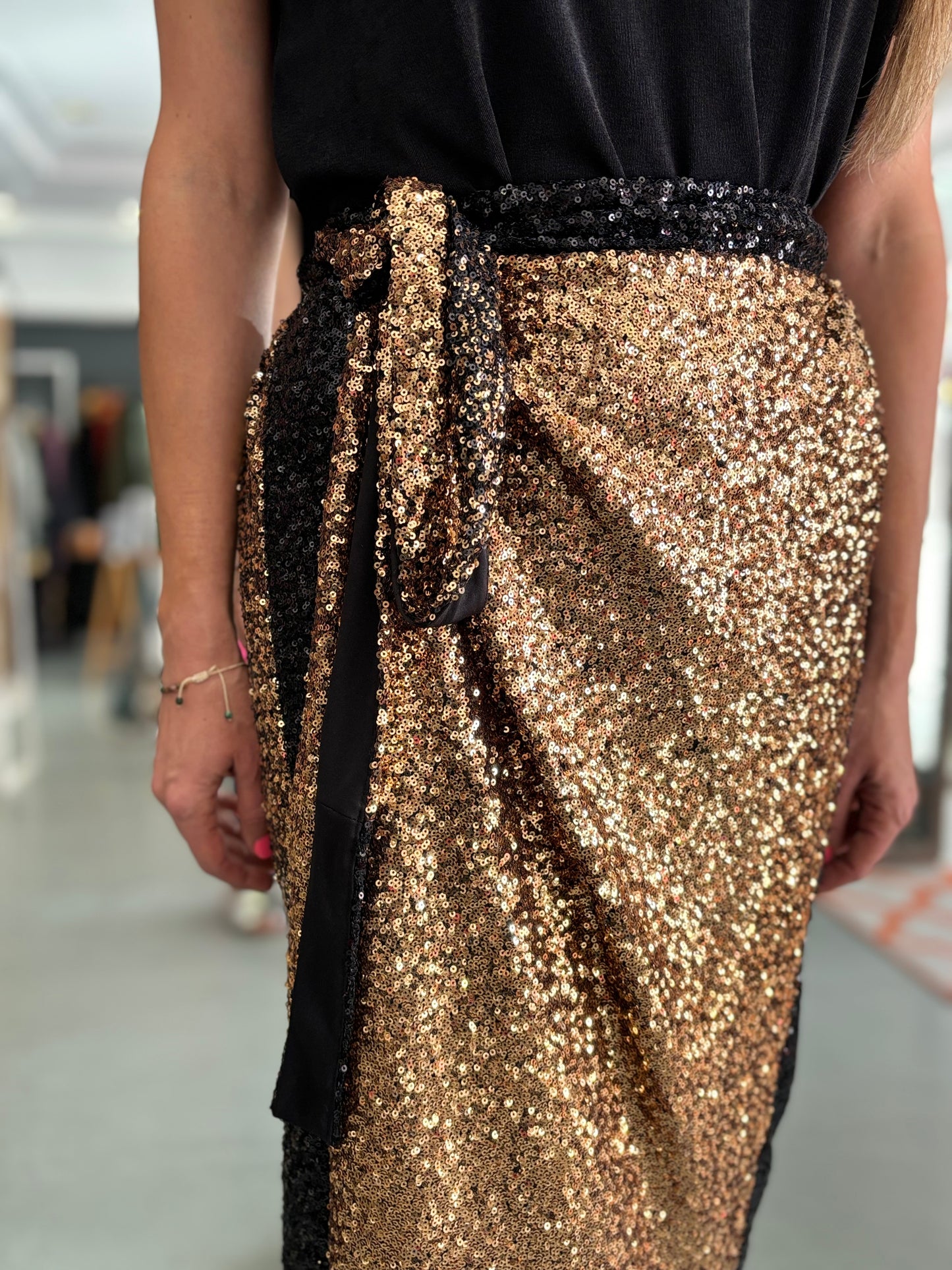 Black Gold Ombré Sequins Wrap Skirt