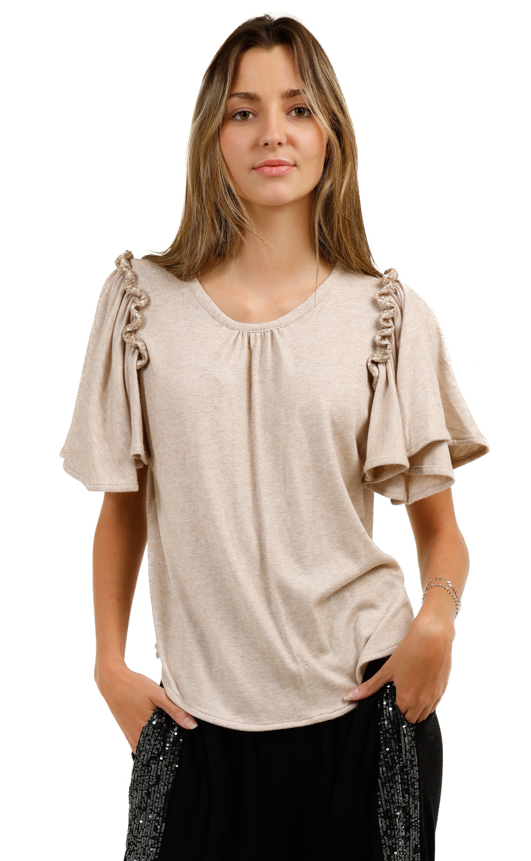 KNIT RUFFLE SLEEVE TOP