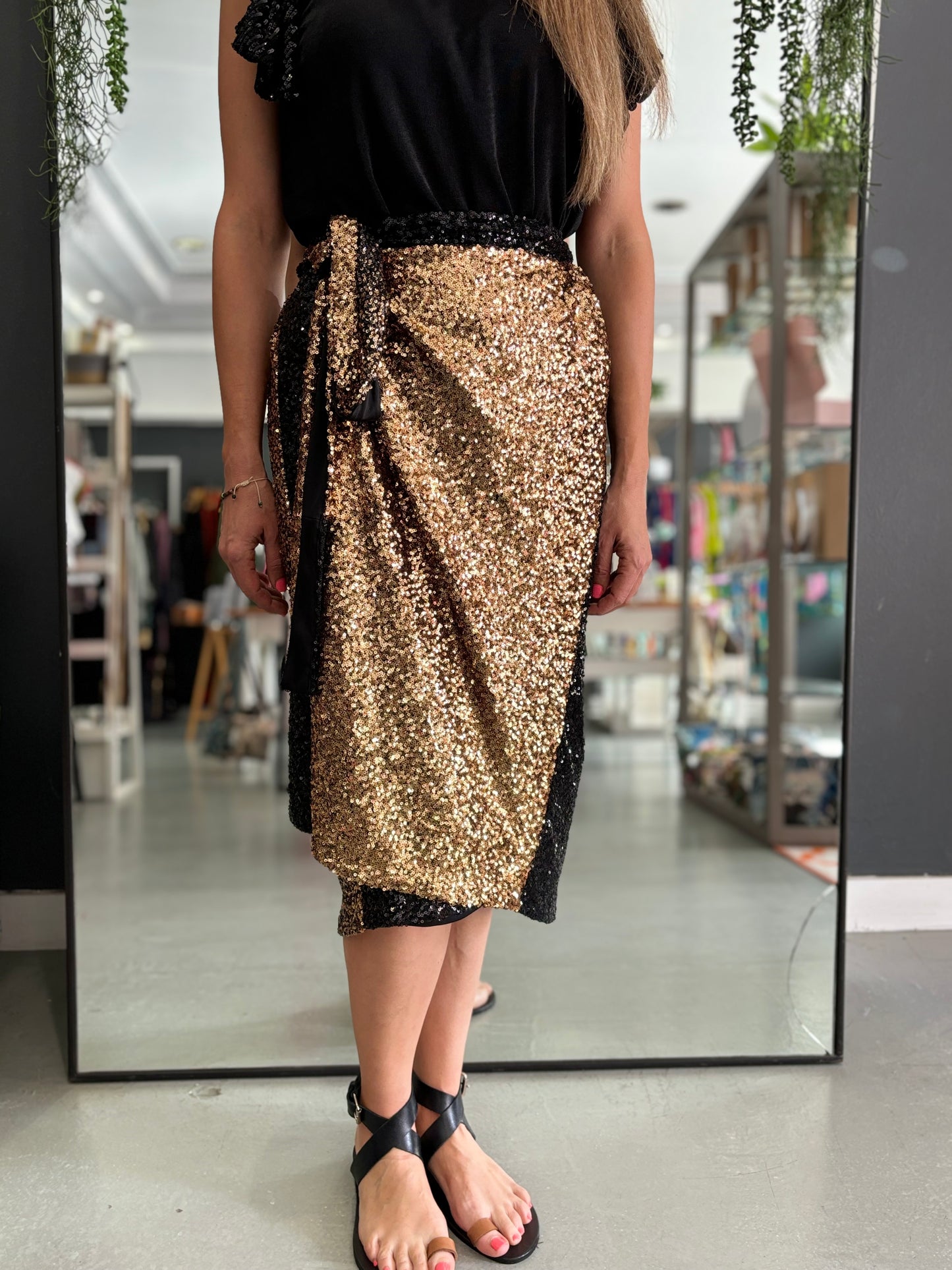 Black Gold Ombré Sequins Wrap Skirt