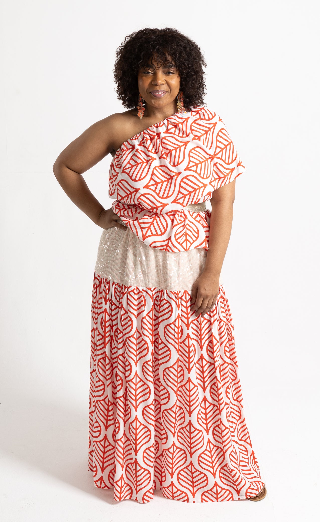 Coral Exotic Ruffle One Shoulder Top