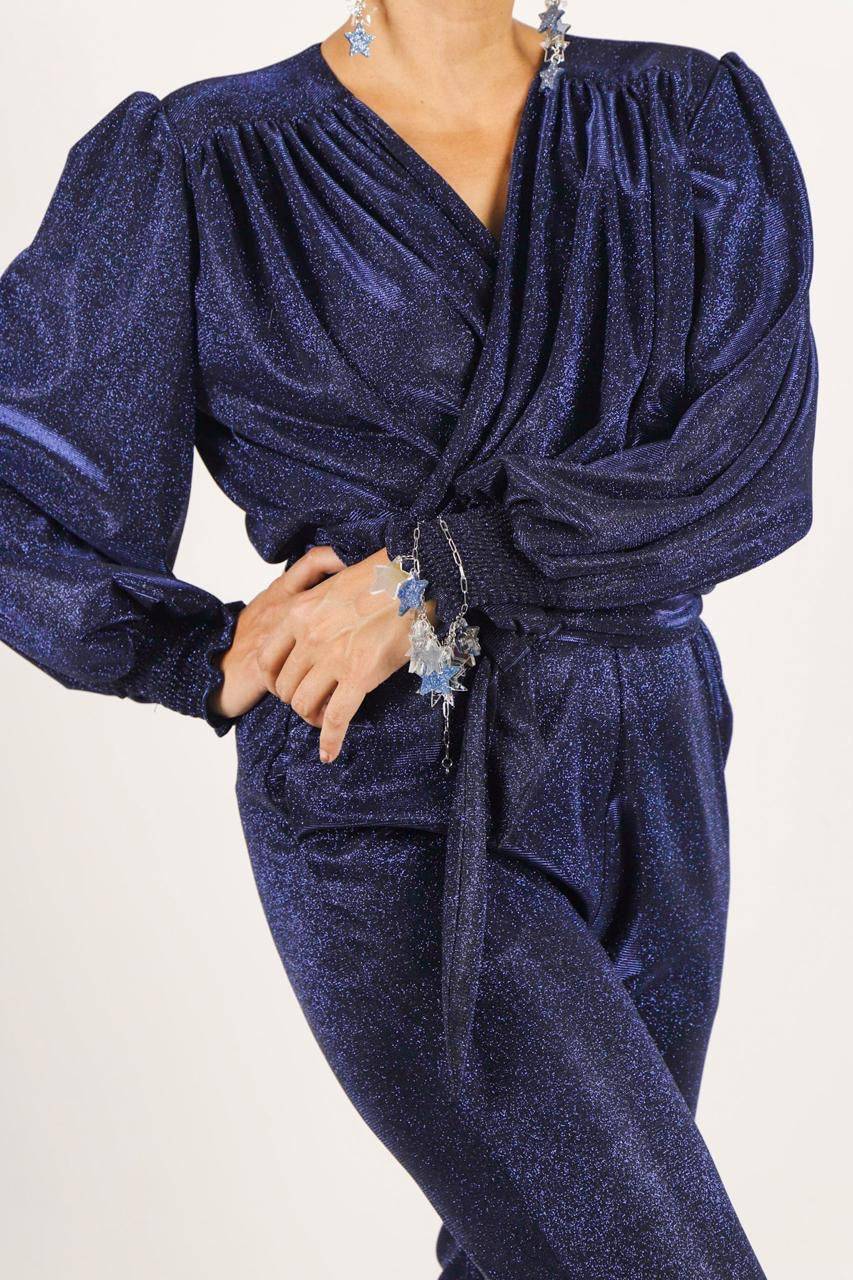 NAVY GLITTER WRAP TOP