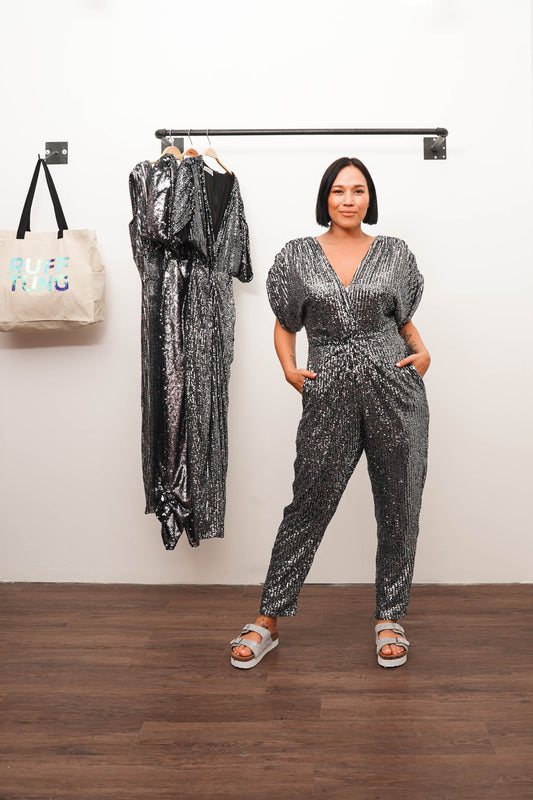 Gunmetal Silver Sequins TWIST Jumpsuit